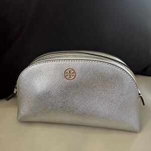 Tory Burch Metallic Silver Cosmetic Case